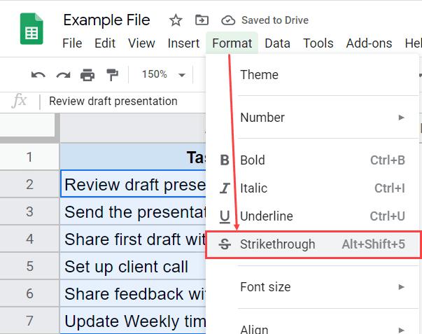 Hướng dẫn cách viết chữ gạch ngang ở giữa trong Google Sheets